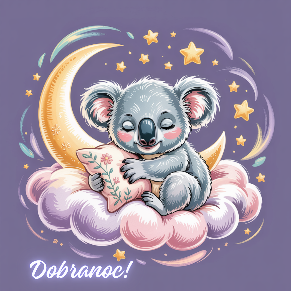 Słodka koala trzymająca poduszkę, śpiąca na chmurce przy księżycu i gwiazdach – dobrej nocy urocze obrazki na dobranoc pełne uroku.
