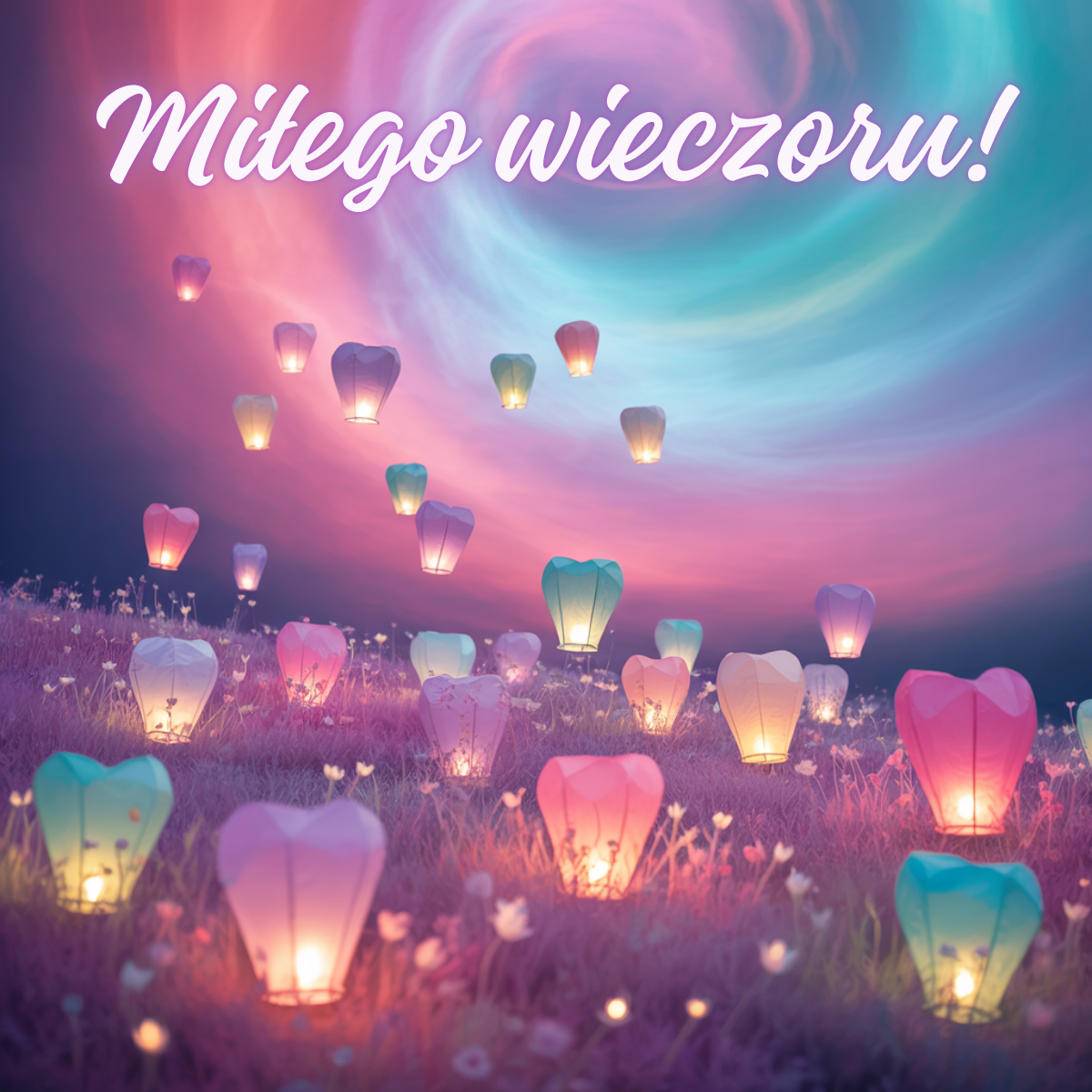 Kolorowe lampiony unoszące się nad łąką przy zachodzie słońca, w tle bajkowe niebo – wieczór urocze obrazki na dobranoc pełne magii i spokoju.