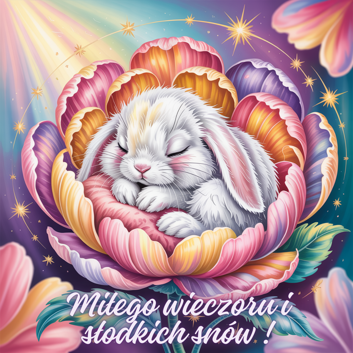 Biały króliczek śpiący w środku wielkiego, barwnego kwiatu – miłego wieczoru urocze obrazki na dobranoc z bajkowym akcentem.