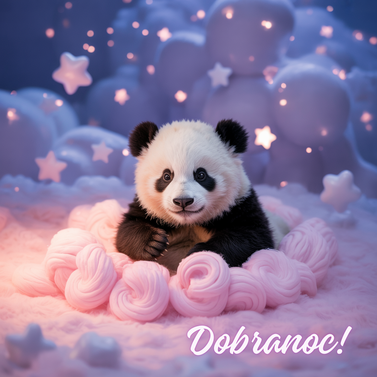 Mała panda siedząca na różowych chmurkach pod rozgwieżdżonym niebem – urocze obrazki na dobranoc dla bliskich, które przynoszą spokój i ciepło.