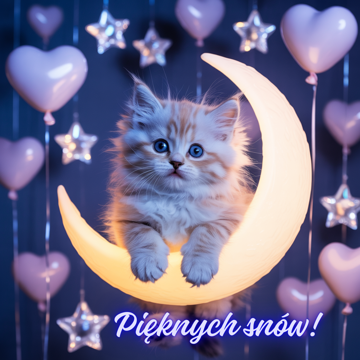 Puszysty kotek siedzący na świetlistym księżycu, w tle wiszące gwiazdki i serduszka – urocze obrazki na dobranoc dla bliskich z nutą magii.