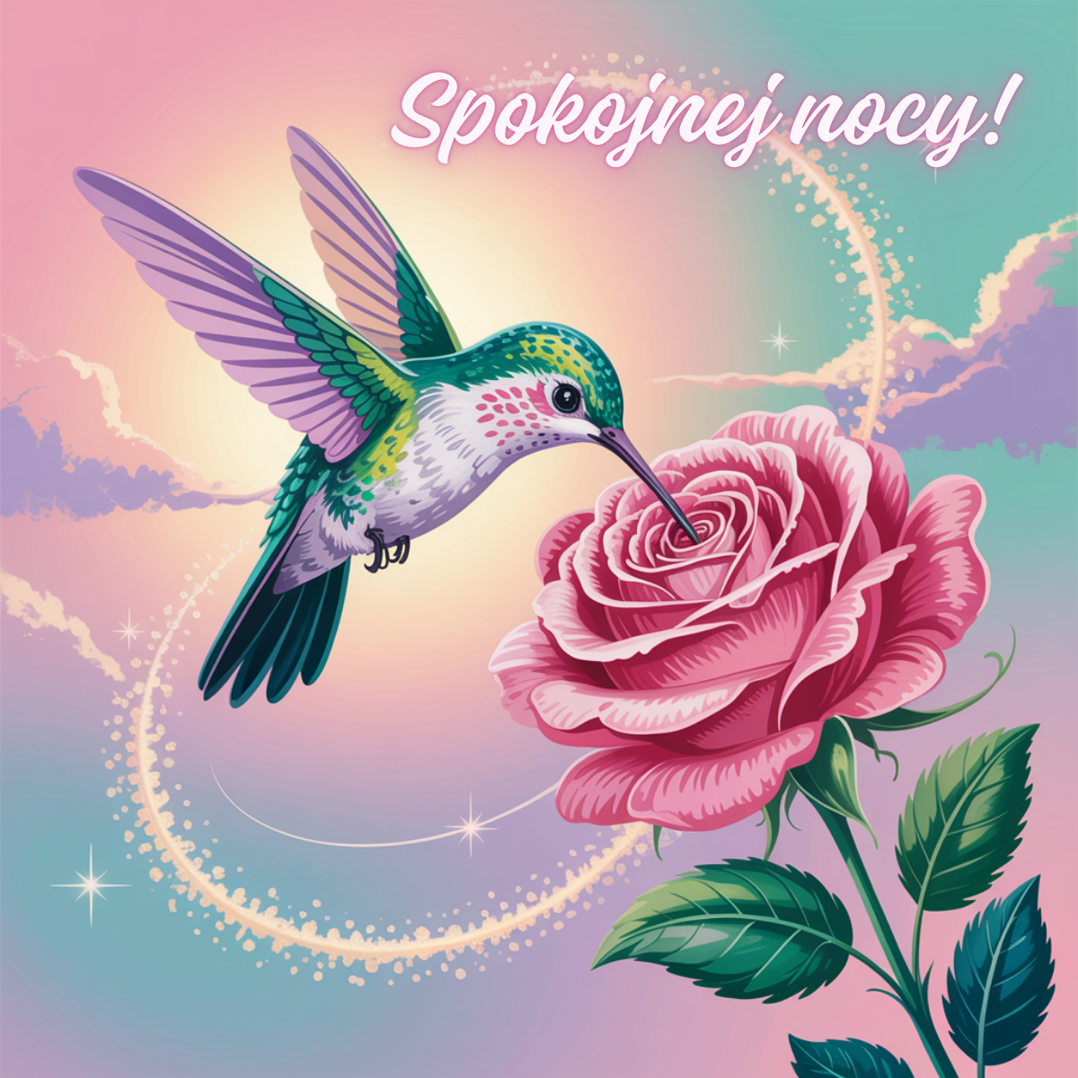 Tęczowy koliber unoszący się nad różą w pastelowym świetle zachodu – uroczego wieczoru urocze obrazki na dobranoc w romantycznym stylu.