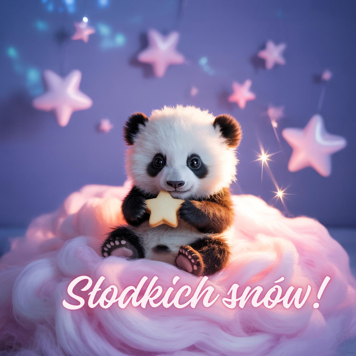 Mała panda trzymająca złotą gwiazdkę na miękkiej chmurce wśród świecących dekoracji – wieczór urocze obrazki na dobranoc w bajkowym stylu.
