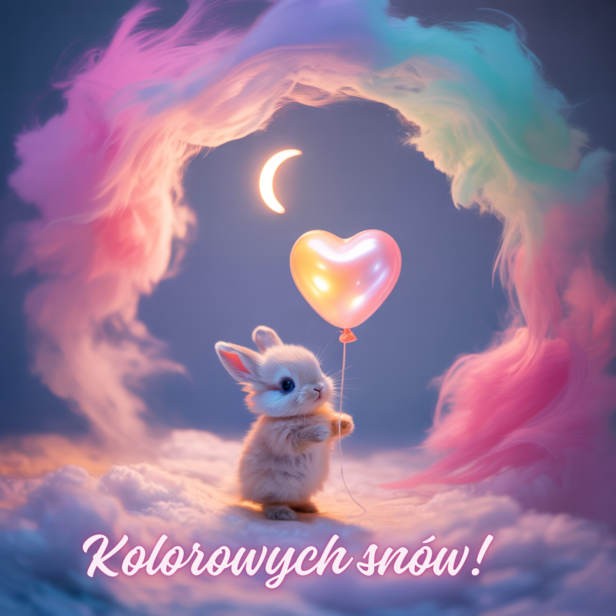 Mały króliczek trzymający balonik w kształcie serca, otoczony pastelowymi chmurkami i księżycem – urocze obrazki na dobranoc dla bliskich w romantycznym stylu.