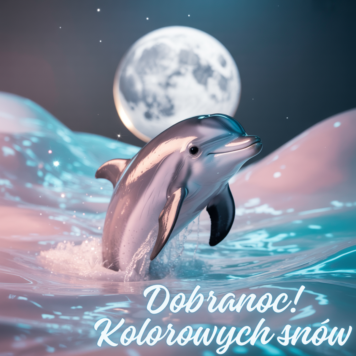 Skaczący delfin w pastelowym morzu na tle pełni księżyca – wieczór urocze obrazki na dobranoc, które niosą spokój i marzenia.