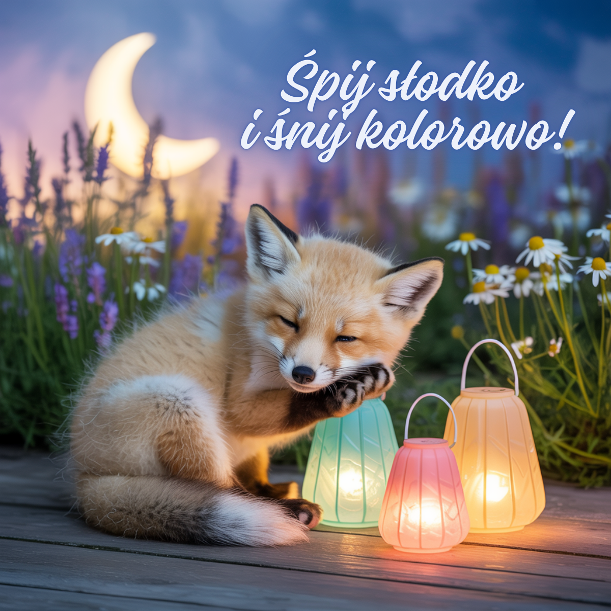 Zasypiający lisek obok kolorowych lampionów i kwiatów na tle księżyca – wieczór urocze obrazki na dobranoc z bajkowym urokiem.