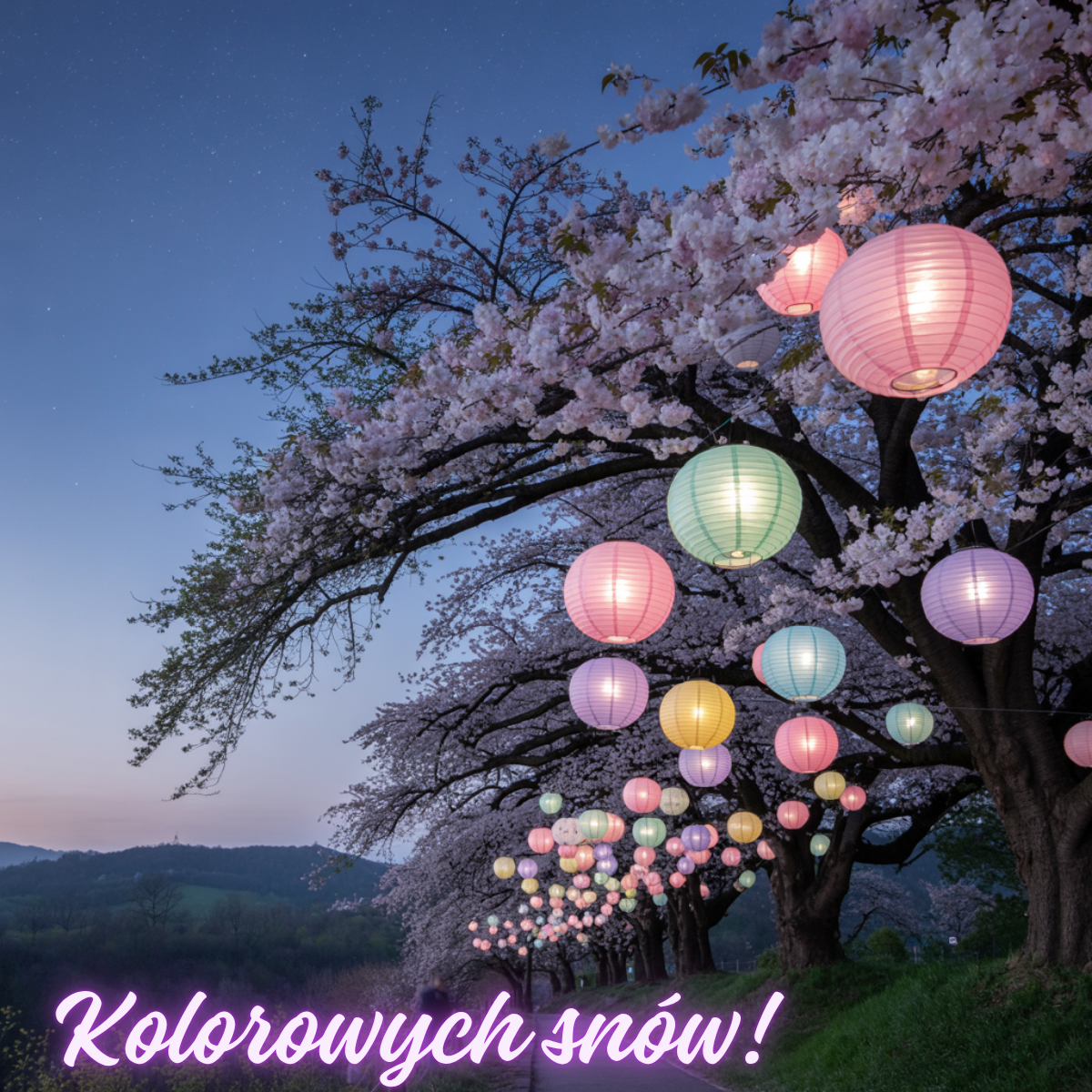 Barwne lampiony zawieszone na drzewach pełnych kwiatów tworzą magiczną aleję – urocze obrazki fajne nowe kartki na dobranoc z nutą romantyzmu.