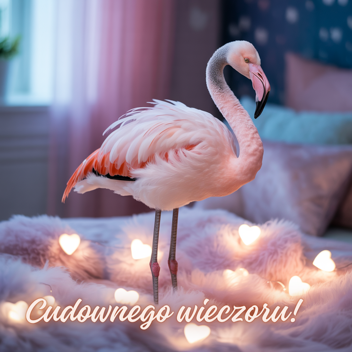 Różowy flaming stojący na miękkim kocyku ozdobionym lampkami w kształcie serc – urocze obrazki nowe kartki na dobranoc pełne elegancji i wdzięku.