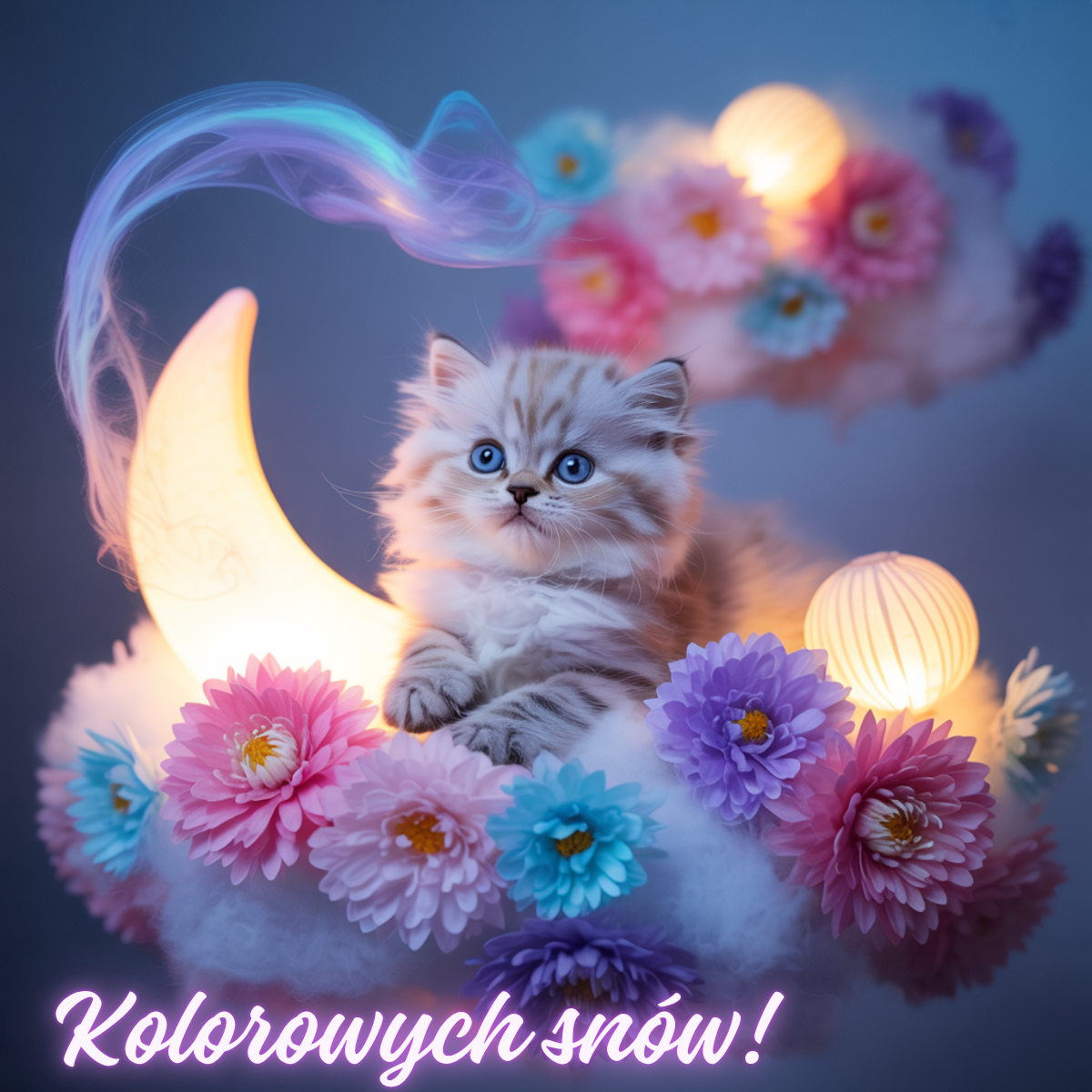 Puszysty kotek siedzący wśród pastelowych kwiatów obok świecącego księżyca – urocze obrazki nowe kartki na dobranoc, które wprowadzają w bajkowy nastrój.