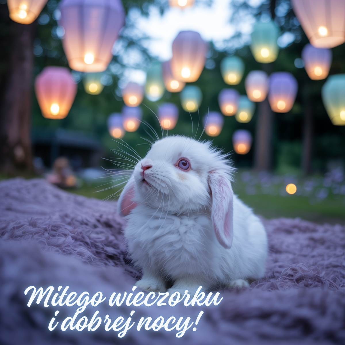 Biały króliczek siedzący na kocu i patrzący na unoszące się lampiony – urocze obrazki nowe kartki na dobranoc pełne magii i ciepłego wieczornego klimatu.