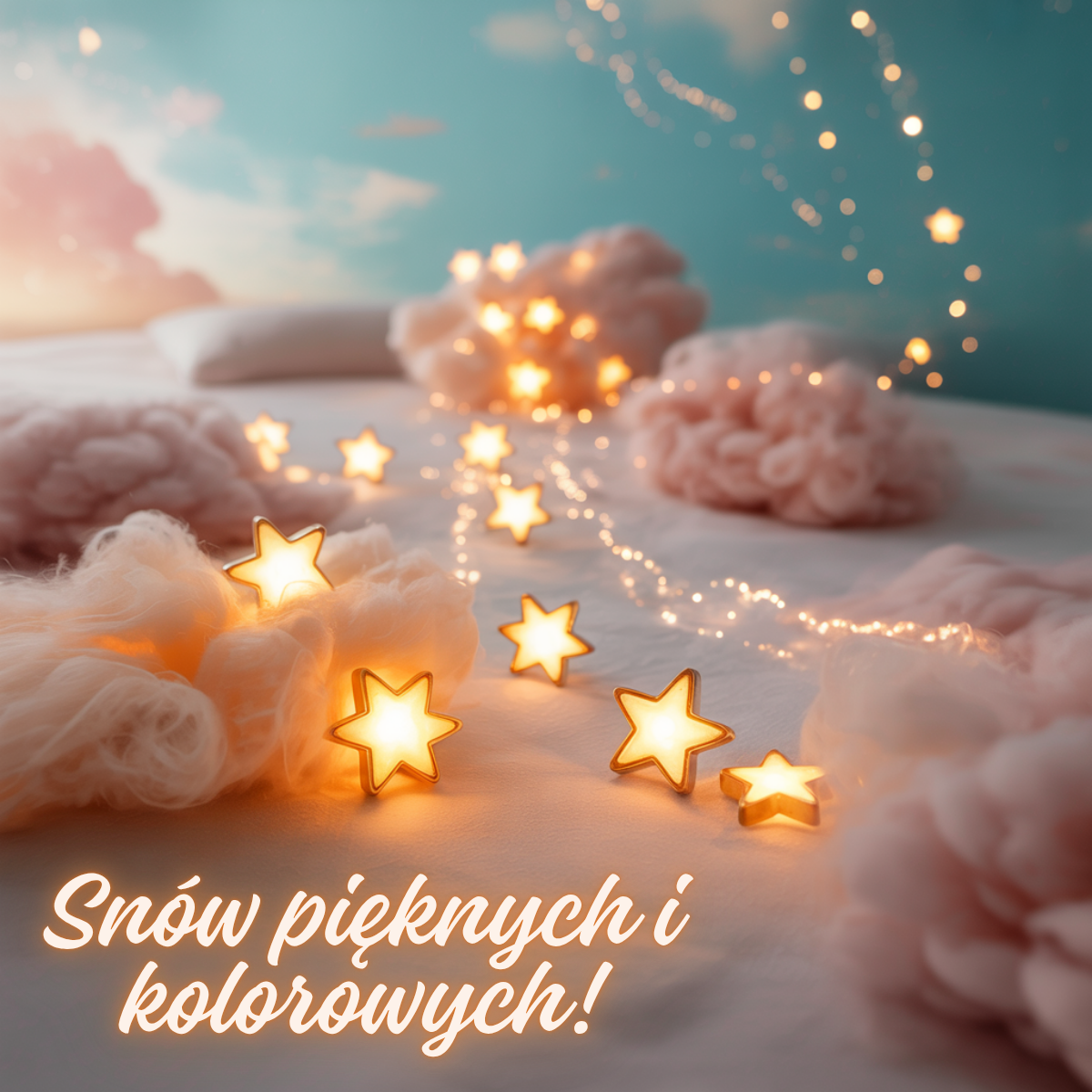 Rozświetlone lampki w kształcie gwiazdek na tle chmurek i błękitnego nieba – urocze obrazki fajne nowe kartki na dobranoc w bajkowym stylu.