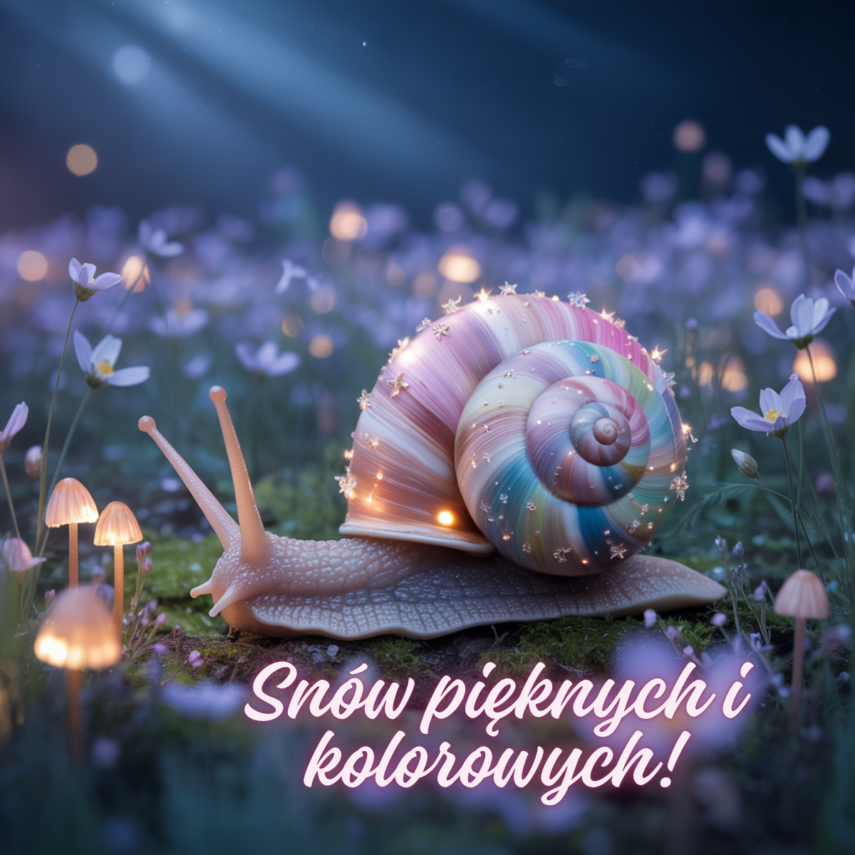 Bajkowy ślimak z kolorową muszlą mieniącą się światłem wśród kwiatów – urocze obrazki nowe kartki na dobranoc z nutą fantazji i uroku.