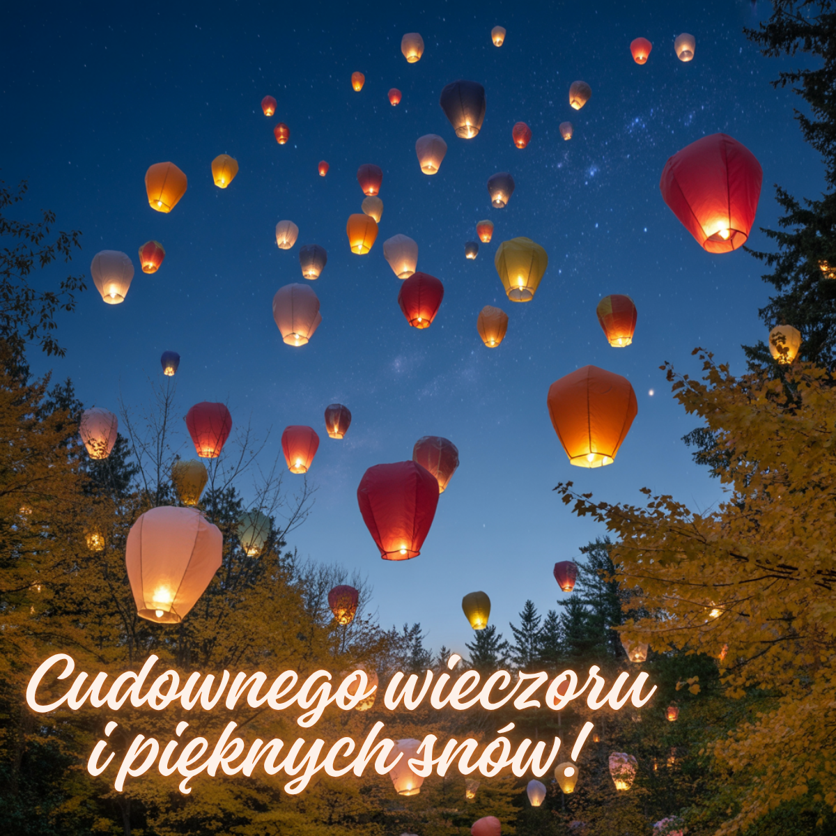 Setki kolorowych lampionów unoszących się ku gwiazdom – urocze obrazki fajne nowe kartki na dobranoc z klimatem marzeń.