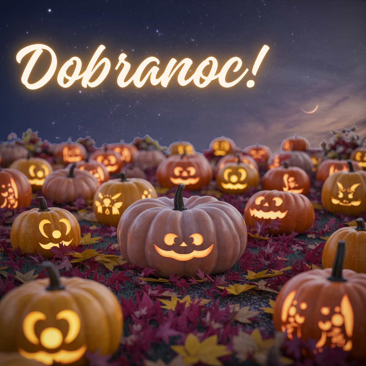 Jesienne dynie z radosnymi buźkami rozświetlają noc – urocze obrazki fajne nowe kartki na dobranoc w halloweenowym stylu.