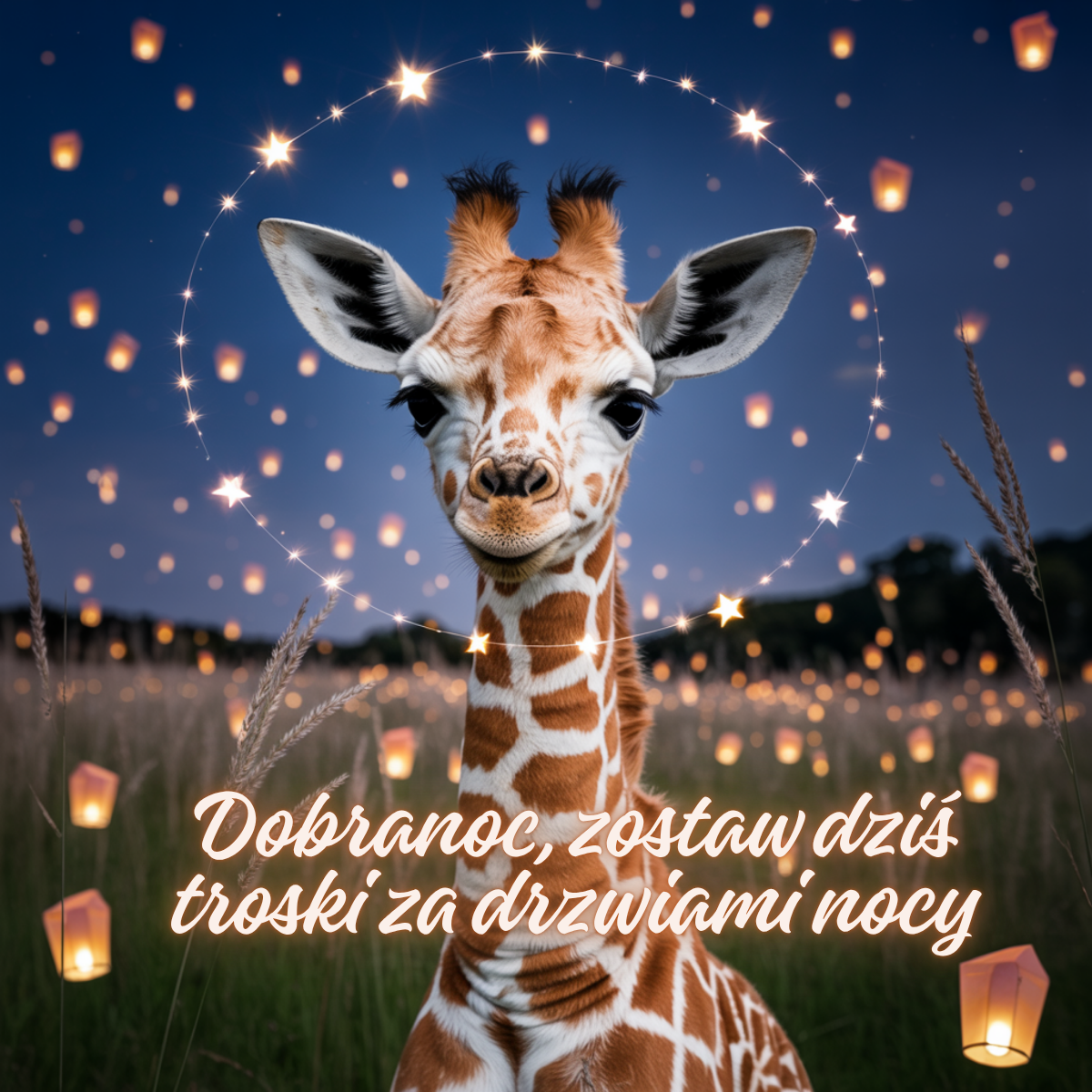 Uśmiechnięta żyrafa otoczona nocnym niebem i latającymi lampionami – urocze obrazki, urocze obrazki piękne kartki na dobranoc z nutą magii i nadziei.