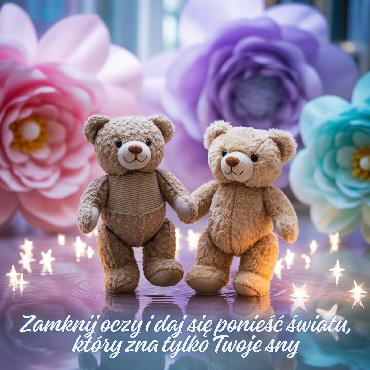 Pluszowe misie trzymające się za łapki w otoczeniu wielkich kwiatów i świetlistych gwiazdek – urocze obrazki piękne kartki na dobranoc, które symbolizują bliskość i czułość.