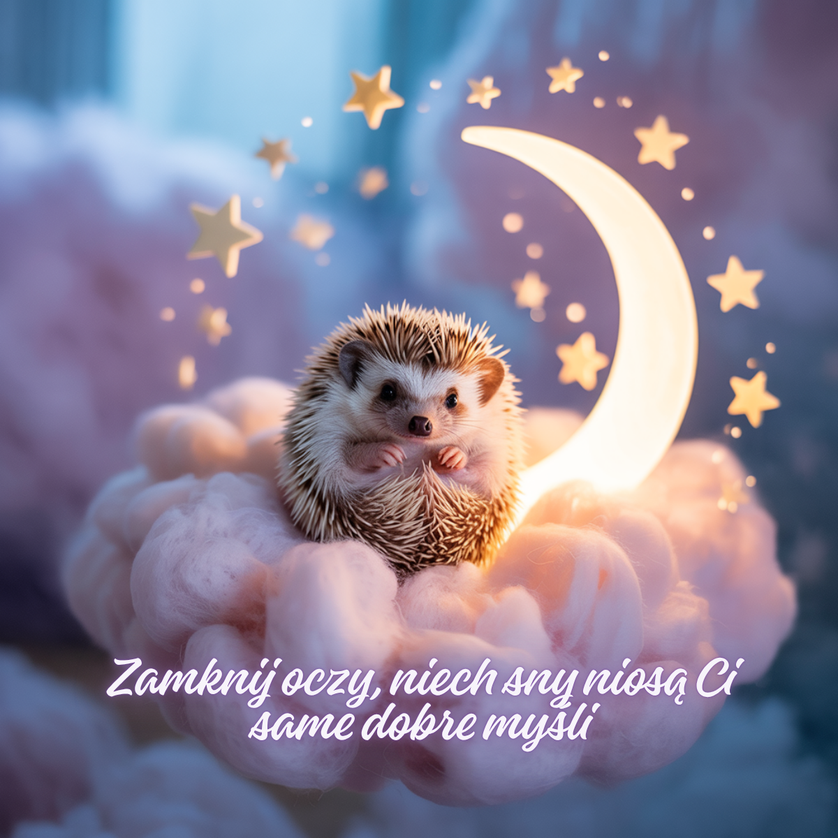 Jeżyk siedzący na różowej chmurce z półksiężycem i gwiazdkami w tle. Klimatyczne urocze obrazki nowe kartki na dobranoc idealne na spokojne sny.
