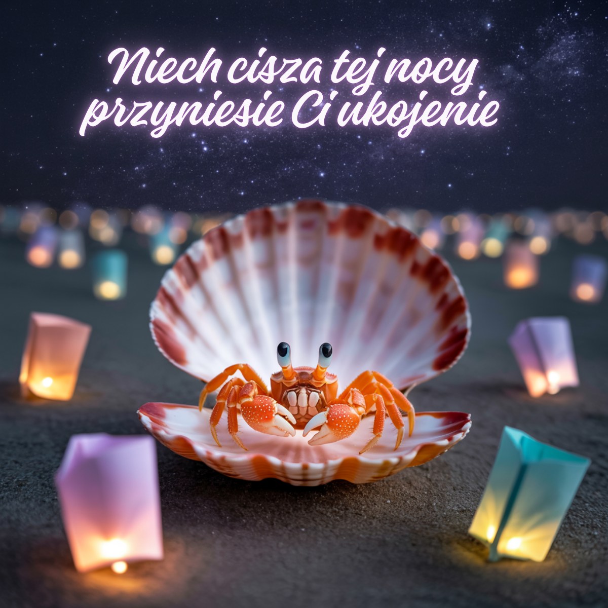 Uroczy krab siedzący w muszli na plaży w otoczeniu świecących lampionów – urocze obrazki, urocze obrazki piękne kartki na dobranoc w nadmorskim klimacie.