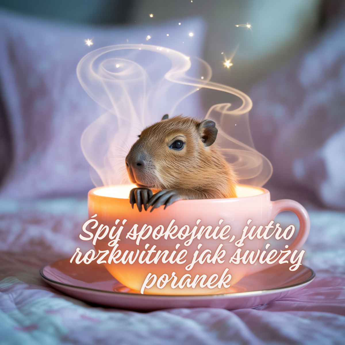 Słodka kapibara wyglądająca z filiżanki pełnej magicznej pary – urocze obrazki, urocze obrazki piękne kartki na dobranoc z nutą fantazji.