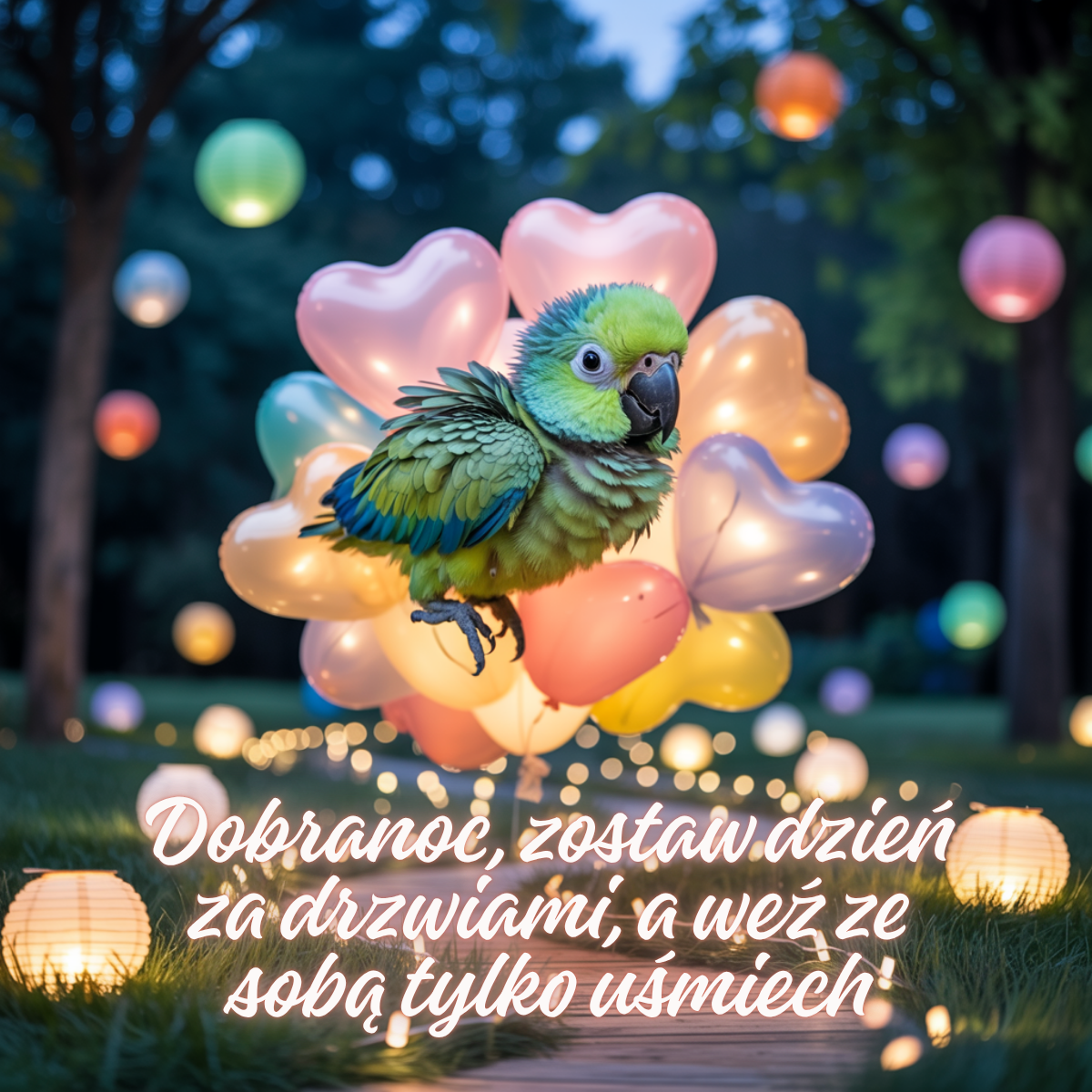 Kolorowa papuga unosząca się przed balonami w kształcie serc i lampionami – urocze obrazki, które niosą radość. Doskonałe urocze obrazki nowe kartki na dobranoc.