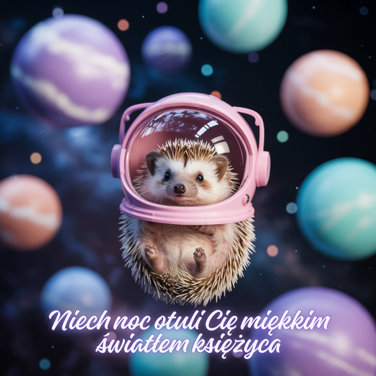 Mały jeżyk w różowym hełmie astronauty unoszący się w kosmosie między planetami – urocze obrazki, urocze obrazki piękne kartki na dobranoc w bajkowym stylu.