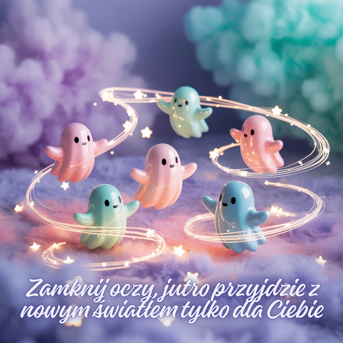 Kolorowe duszki wirujące wśród światełek i gwiazdek – wesołe urocze obrazki nowe kartki na dobranoc w bajkowej stylistyce.