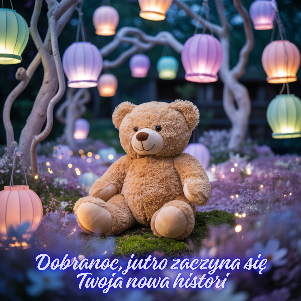 Pluszowy miś siedzący w ogrodzie pełnym kolorowych lampionów i światełek – urocze obrazki piękne kartki na dobranoc, które wprowadzają w bajkowy nastrój.