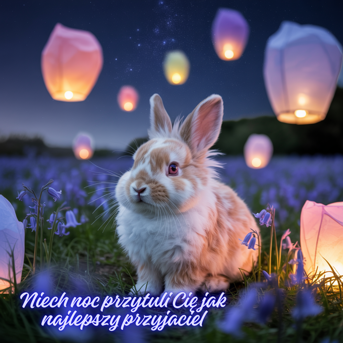 Króliczek siedzący na łące pod rozgwieżdżonym niebem w otoczeniu kolorowych lampionów. Magiczne urocze obrazki nowe kartki na dobranoc z nutą przyjaźni.