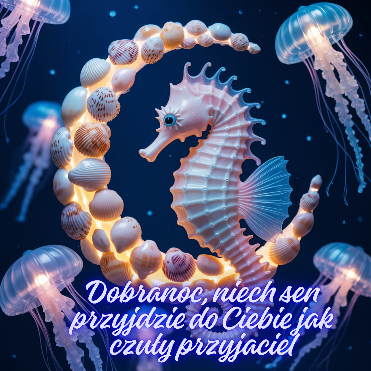 Bajkowy konik morski otoczony muszlami w kształcie księżyca i świetlistymi meduzami – urocze obrazki, urocze obrazki piękne kartki na dobranoc w morskiej odsłonie.