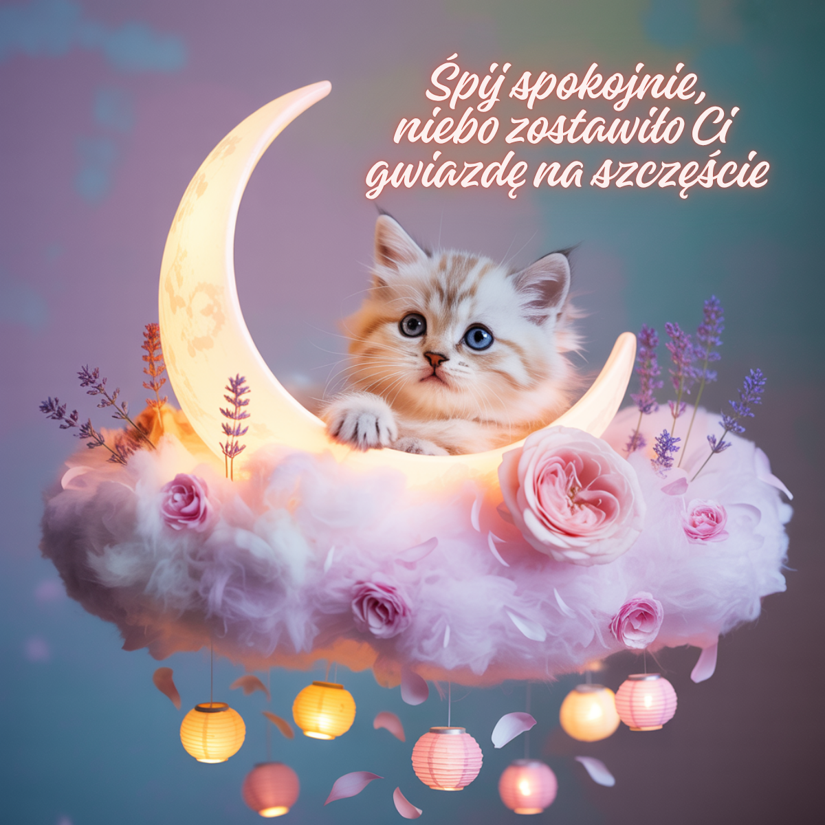 Mały kotek siedzący na świecącym księżycu, otoczony różami i lampionami. Bajkowe urocze obrazki nowe kartki na dobranoc w pastelowym stylu.