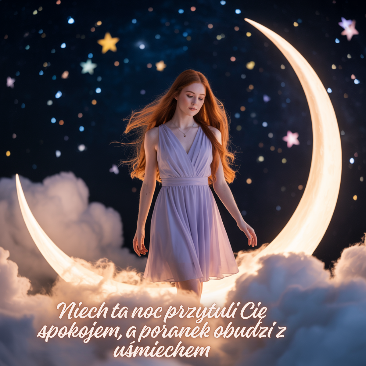 Delikatna dziewczyna stojąca na księżycu otoczonym chmurami i gwiazdami – urocze obrazki piękne kartki na dobranoc niosące ukojenie i spokój.
