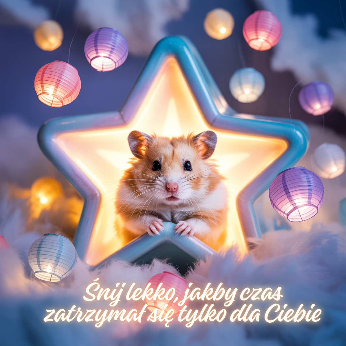Mały chomik siedzący w świecącej ramce w kształcie gwiazdy otoczony lampionami – urocze obrazki, urocze obrazki piękne kartki na dobranoc idealne dla najmłodszych.