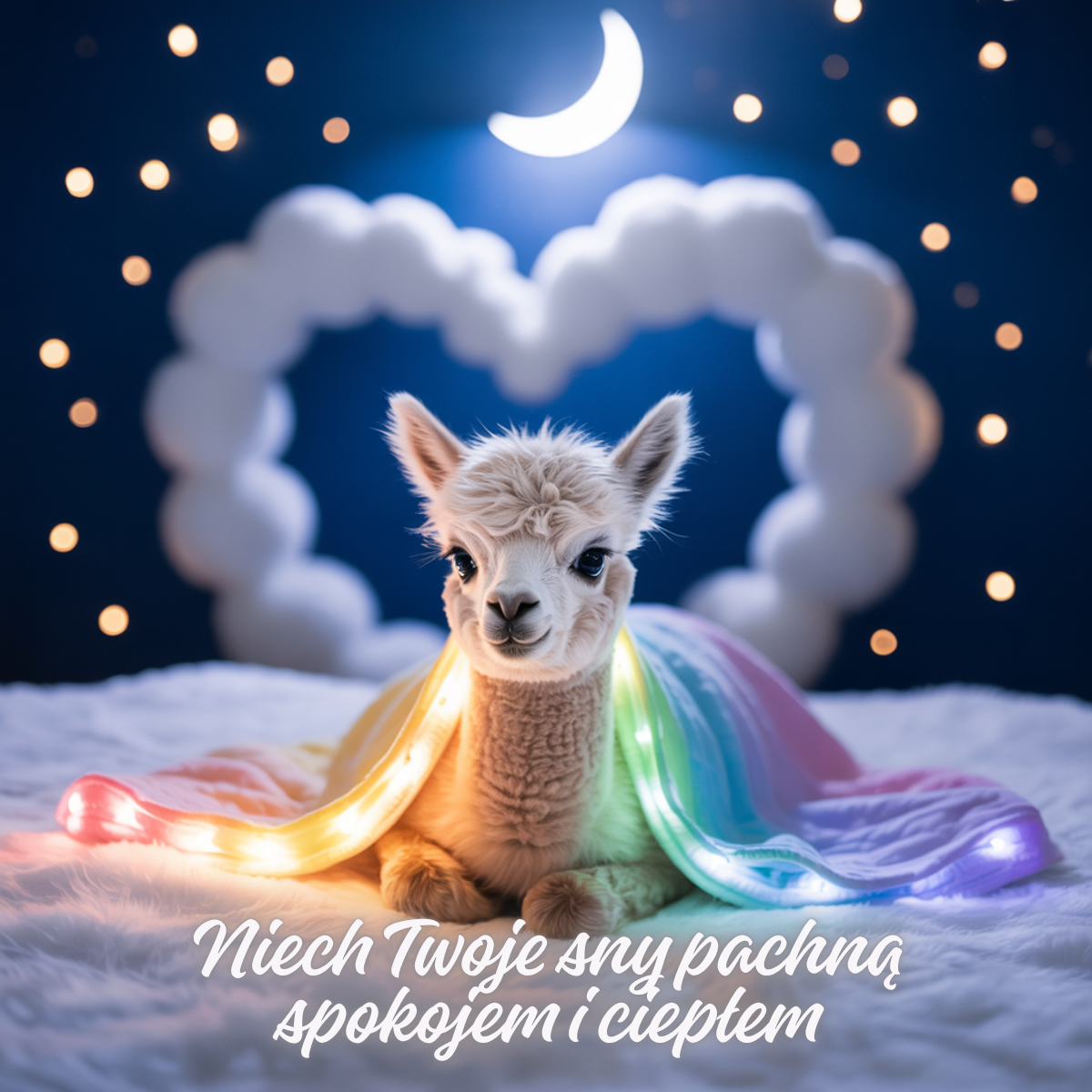 Słodka alpaka otulona tęczowym kocykiem pod nocnym niebem pełnym gwiazd – urocze obrazki, urocze obrazki piękne kartki na dobranoc pełne ciepła i uroku.