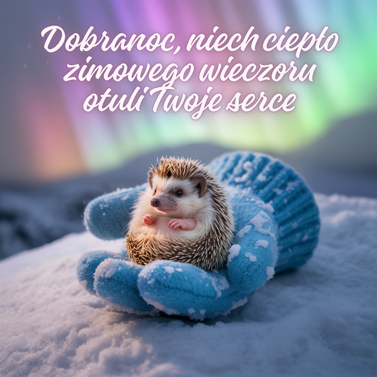 Mały jeżyk wtulony w niebieską rękawiczkę, w tle kolorowa zorza polarna – zimowe obrazki na dobranoc pełne magii nocy.