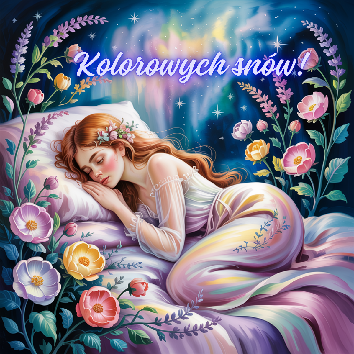 Piękna dziewczyna zasypiająca na poduszce, otoczona kolorowymi kwiatami i gwiazdami na nocnym niebie – darmowe kartki urocze obrazki na dobranoc.