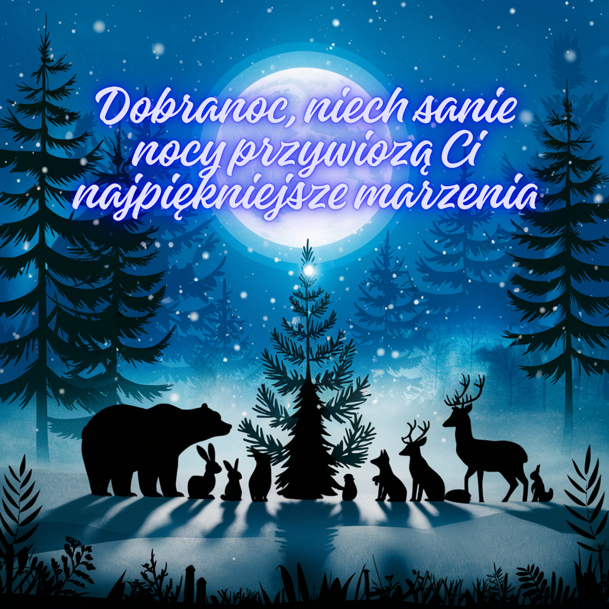 Leśne zwierzęta – miś, zające, sarenki i wilki – siedzą pod rozgwieżdżonym niebem przy pełni księżyca – zimowe kartki na dobranoc pełne bajkowego uroku.