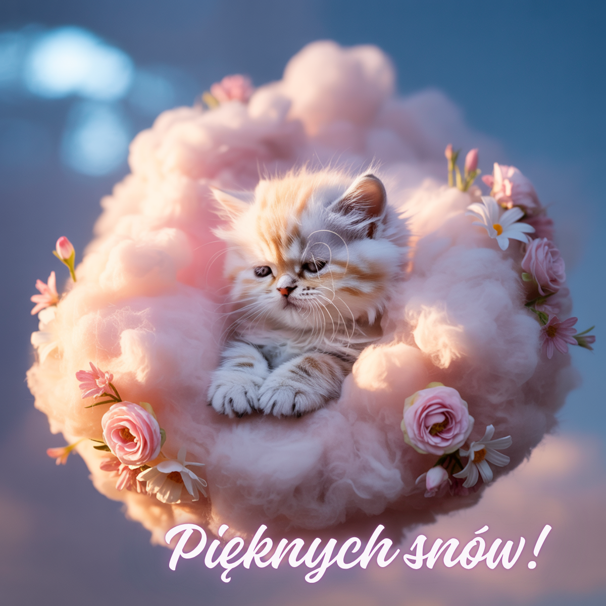 Puszysty kotek odpoczywający na różowej chmurce udekorowanej kwiatami – darmowe kartki urocze obrazki na dobranoc.