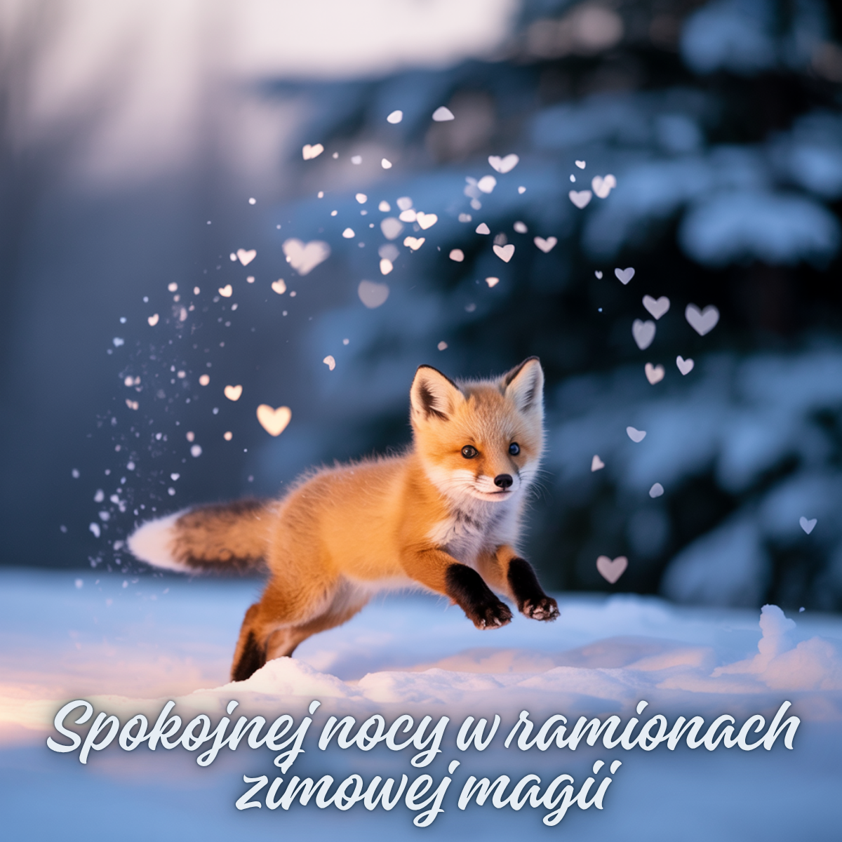 Radosny lisek bawiący się w zimowym śniegu, a wokół niego unoszą się świetliste serduszka – zimowe obrazki na dobranoc z nutą magii i ciepła.
