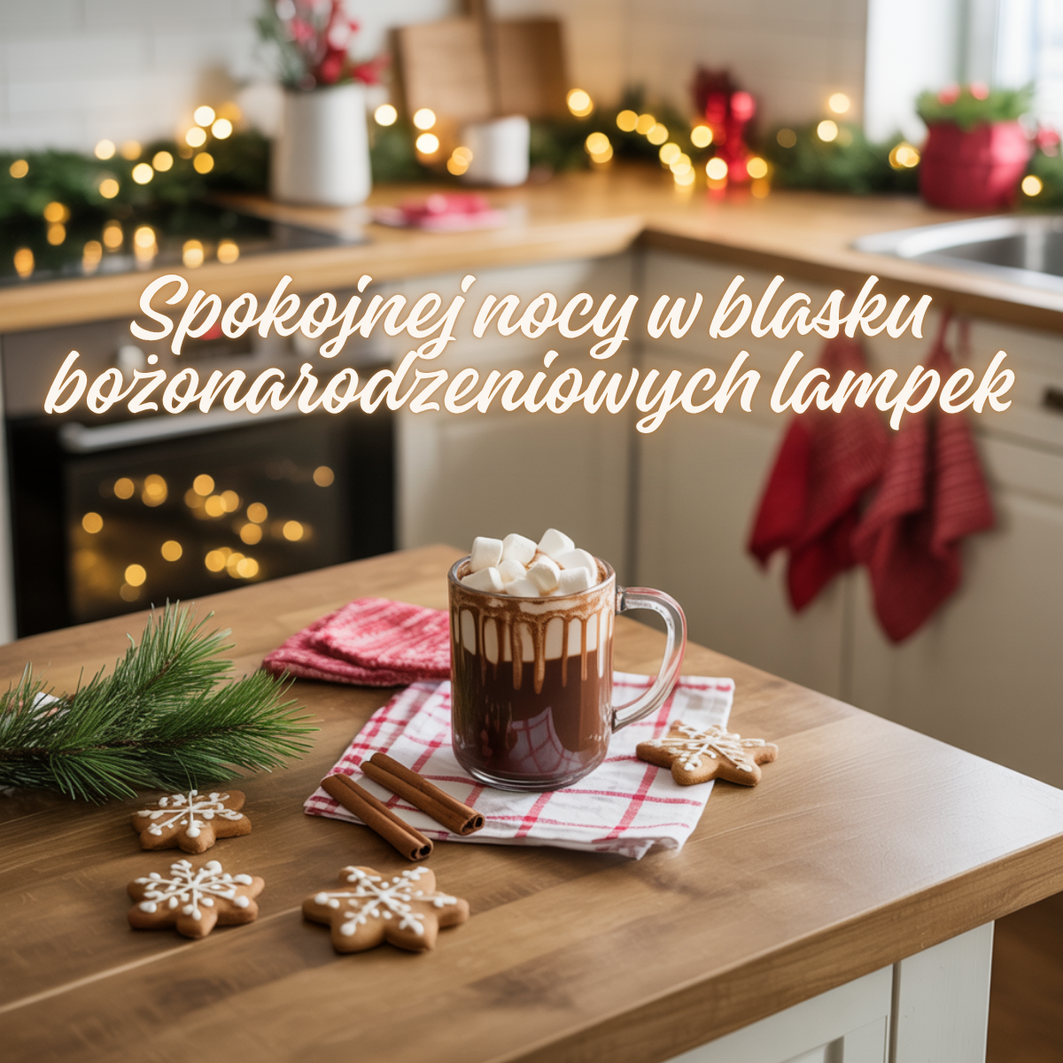 Gorąca czekolada z piankami w bożonarodzeniowej kuchni ozdobionej lampkami i gałązkami świerku – bożonarodzeniowe kartki na dobranoc pachnące świętami.