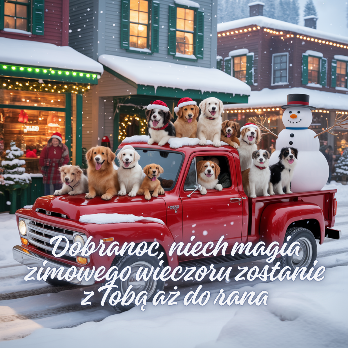 Wesołe pieski w czapkach Mikołaja siedzące na czerwonej ciężarówce w zimowej scenerii – świąteczne kartki na dobranoc, które wywołują uśmiech.