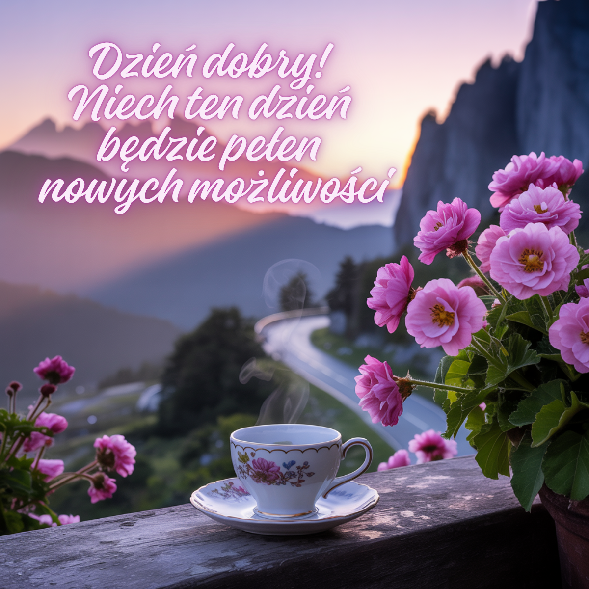 Filiżanka herbaty na tle gór o wschodzie słońca, napis ‘Dzień dobry! Niech ten dzień będzie pełen nowych możliwości’