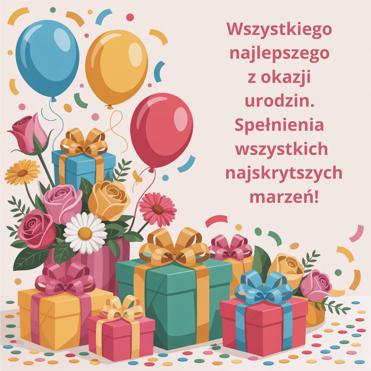 Bukiet kwiatów i kolorowe prezenty z balonami oraz napisem: Wszystkiego najlepszego z okazji urodzin. Spełnienia wszystkich najskrytszych marzeń – krótkie życzenia SMS.