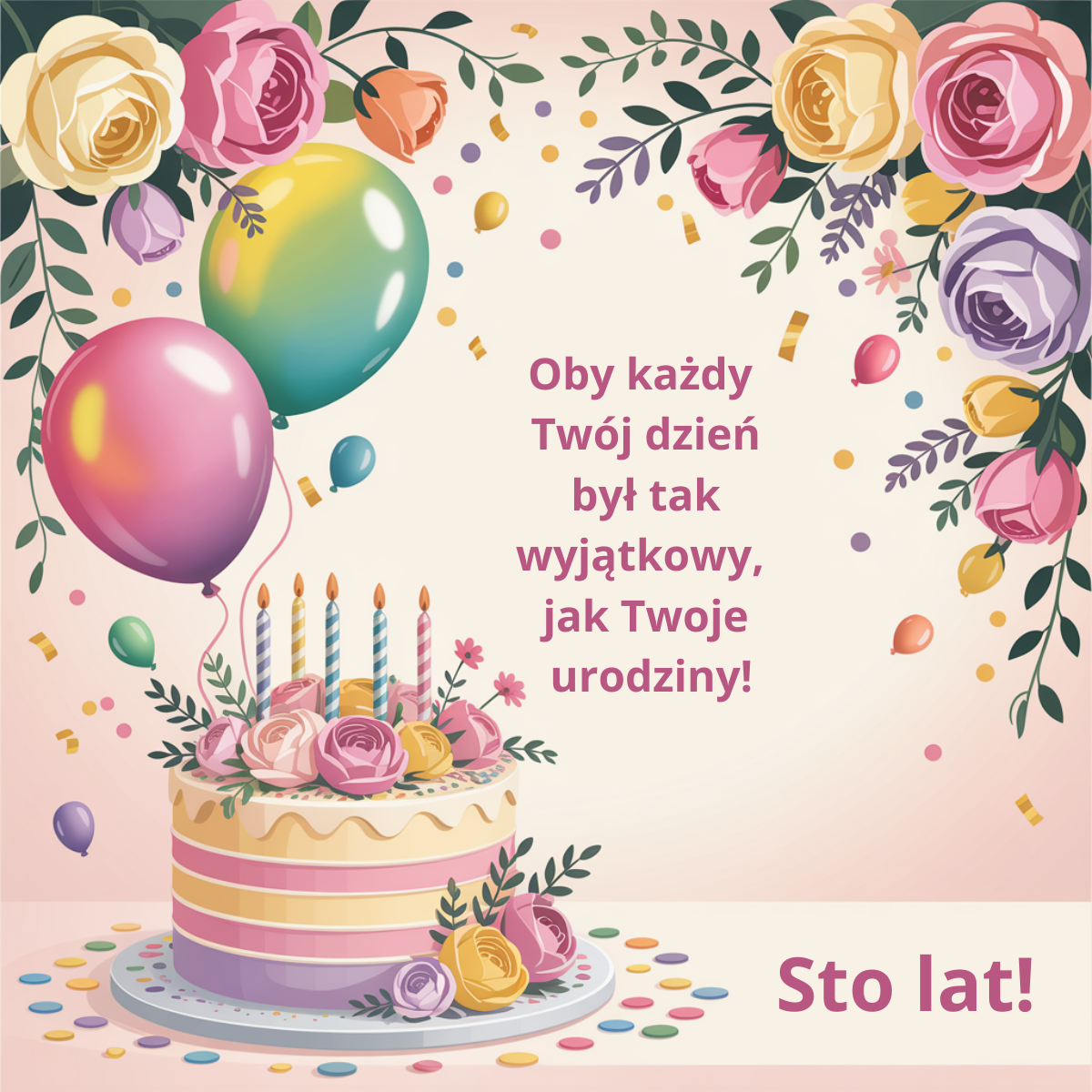 Krótkie i ciepłe życzenia urodzinowe w stylu "Oby" - kartka pełna kwiatów i balonów