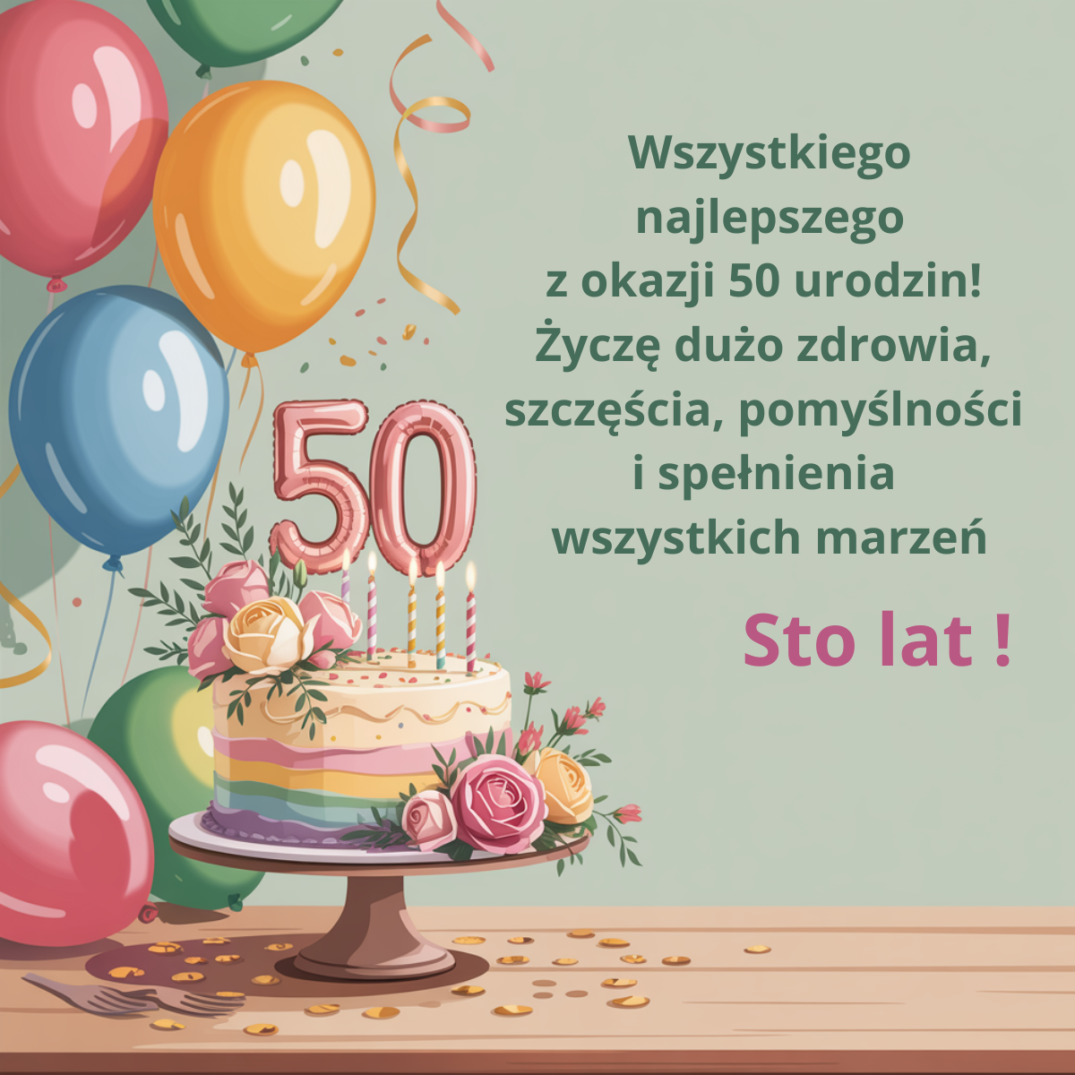 Krótkie i uniwersalne życzenia na 50. urodziny: Życzę dużo zdrowia, szczęścia, pomyślności i spełnienia wszystkich marzeń.