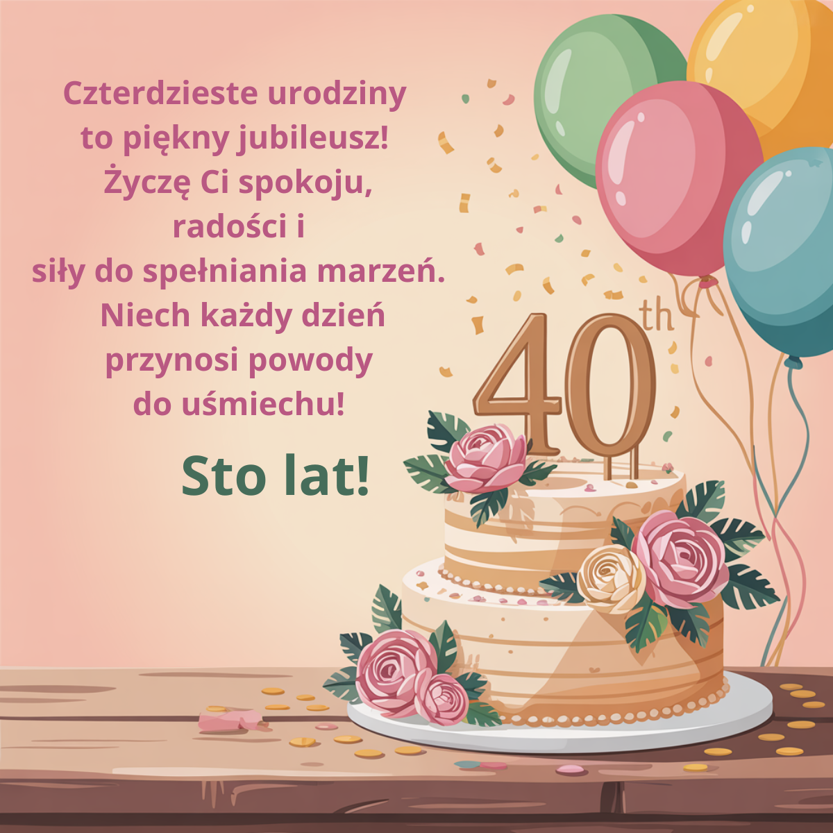 Poważne życzenia na 40. urodziny: Czterdzieste urodziny to piękny jubileusz. Życzę Ci spokoju, radości i siły do spełniania marzeń.
