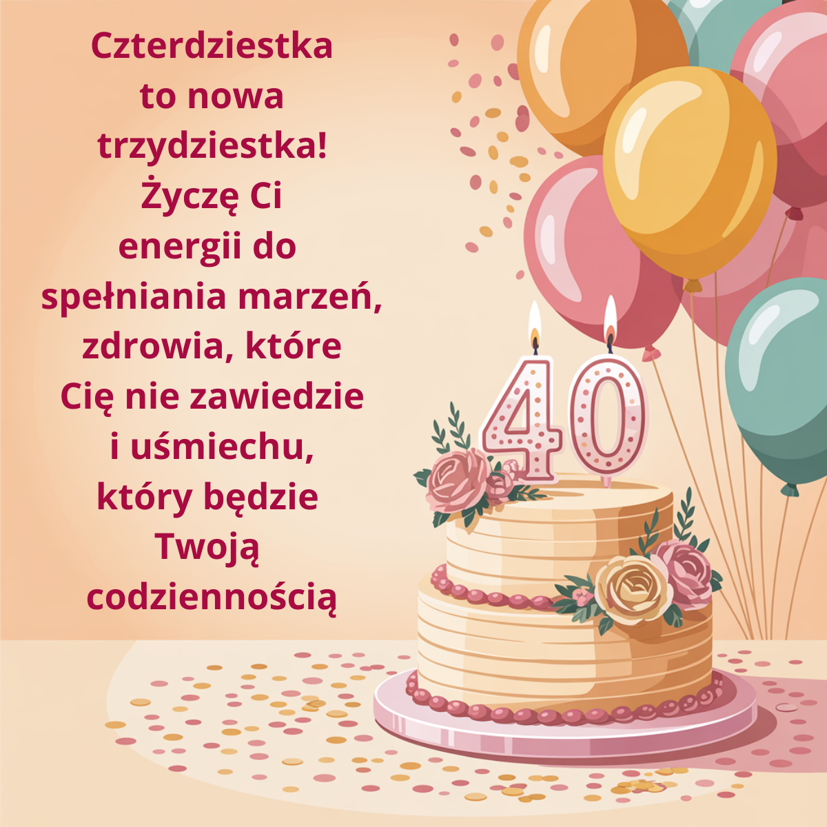 Zabawne życzenia na 40. urodziny: Czterdziestka to nowa trzydziestka! Życzę Ci energii do spełniania marzeń i zdrowia, które Cię nie zawiedzie.