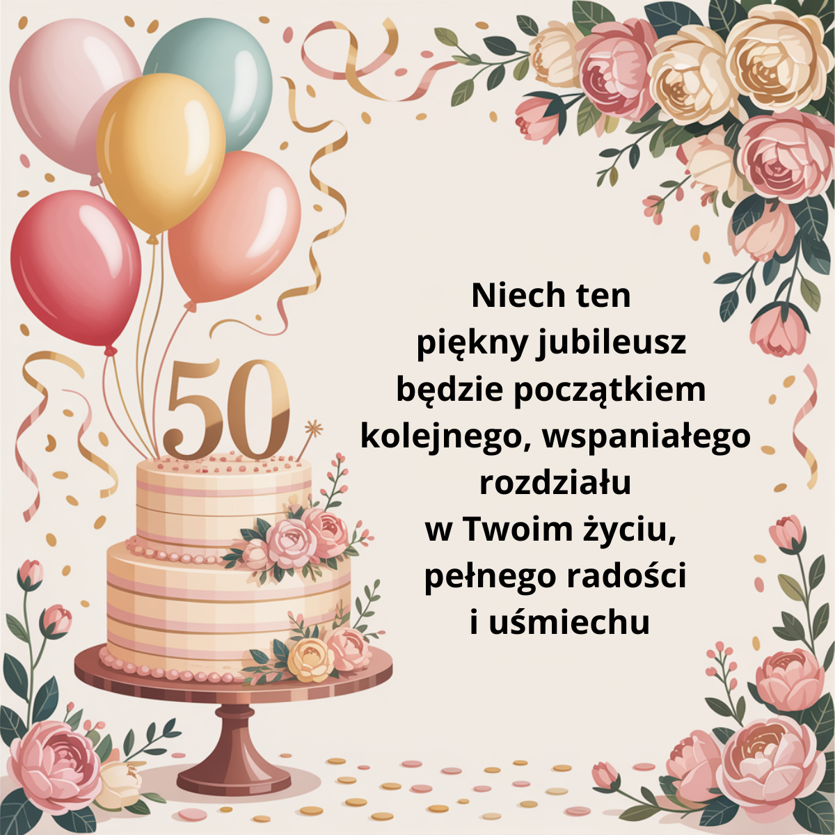 Serdeczne życzenia na 50. urodziny: Niech ten piękny jubileusz będzie początkiem kolejnego, wspaniałego rozdziału w Twoim życiu, pełnego radości i uśmiechu.