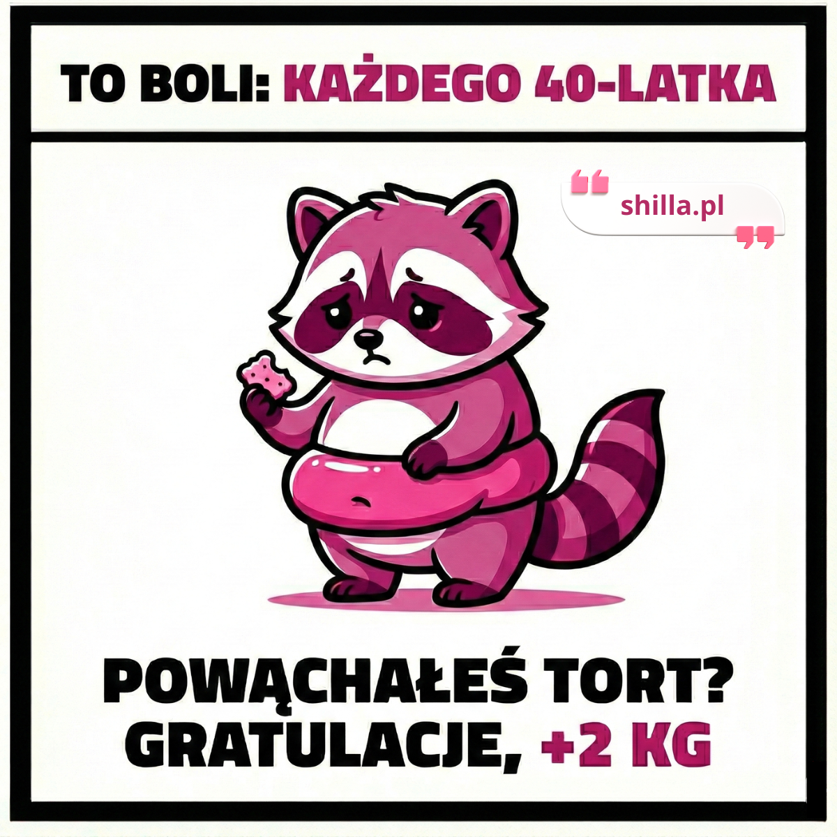 Brutalny mem o diecie po 40-tce. Smutny, grubiutki szop z oponką na brzuchu trzyma krakersa. Tekst: Powąchałeś tort? Gratulacje, +2 kg.