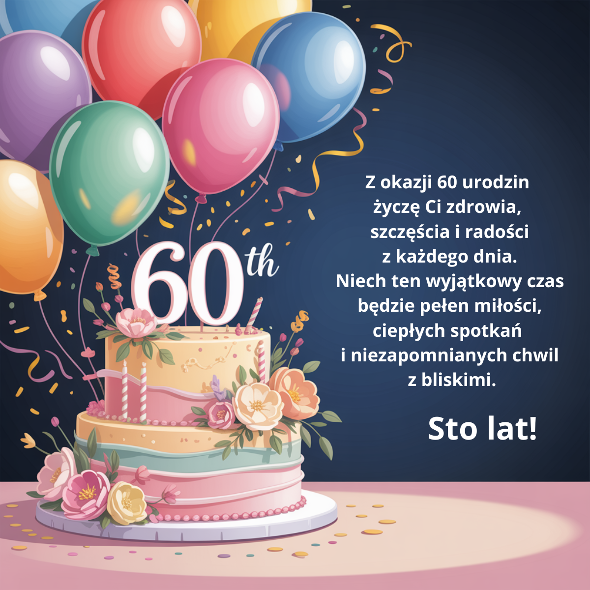 Kartka na 60. urodziny z tortem i balonami, zawierająca życzenia zdrowia i szczęścia, celebrująca okrągły jubileusz i radość z każdego dnia.