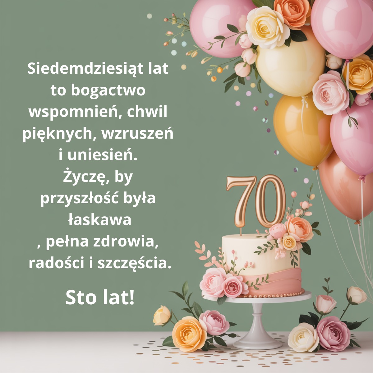 Elegancka kartka z życzeniami na 70. urodziny, przedstawiająca tort i balony na zielonym tle. Tekst nawiązuje do bogactwa minionych wspomnień oraz życzy łaskawej przyszłości, pełnej zdrowia i radości.